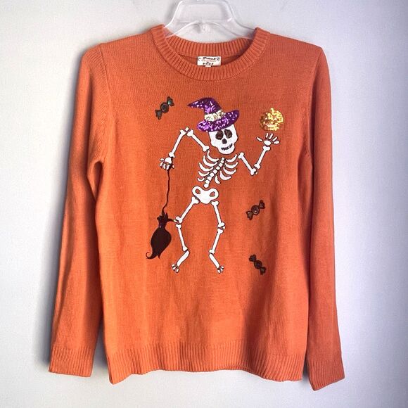 Halloween Sequined Skeleton Sweater Women's Size Medium Orange Skull Bat Pumpkin - Picture 1 of 14